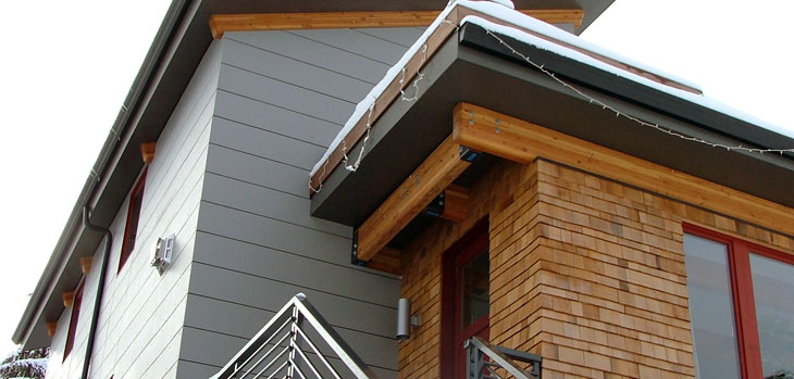 sustainable modern home exterior with cedar siding and hardie panel rainscreen